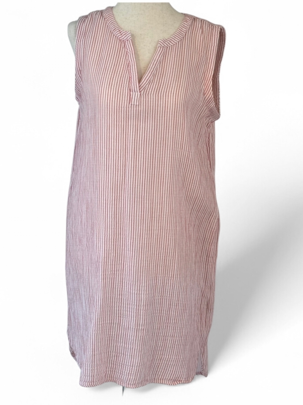 LL Bean Striped Sleeveless Pink & White  Cotton Shirt  Dress Womens Size XSmall